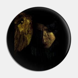 Portrait, collage, special processing. Man, dark costume, long hair, looking down. On left demon of gold. Gold. Pin