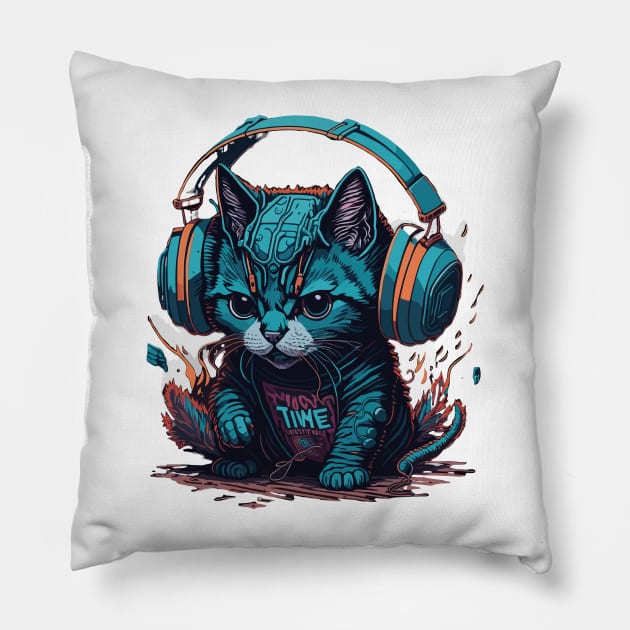 little cat listening to music Pillow by TheAlmighty1