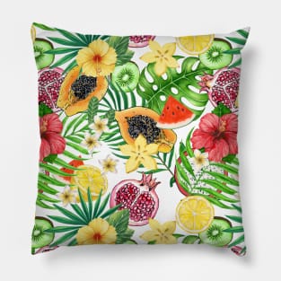 Tropical mix-fruit, flowers and leaves on white Pillow