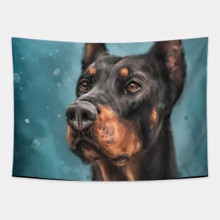 Painting of a Gorgeous Black and Gold Doberman on Dark Blue Background Tapestry