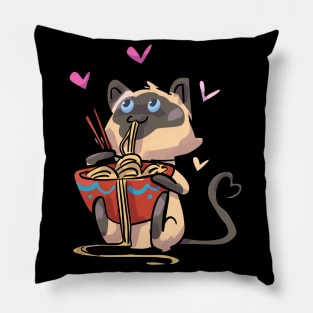 Siamese Cat Eating Noodles Pillow