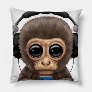 Cute Baby Monkey With Cell Phone Wearing Headphones Pillow