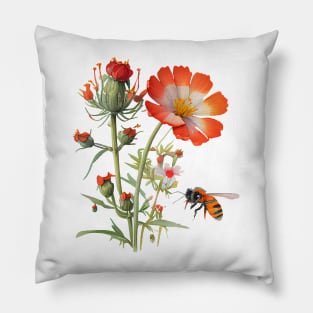 Watercolor of orange and red wildflowers and single bumble bee Pillow