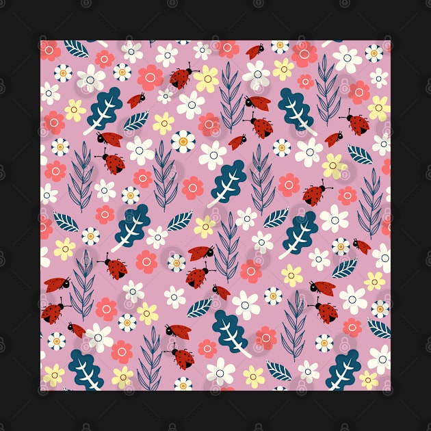 Spring meadow in bloom with ladybirds on dark pink background by Arch4Design