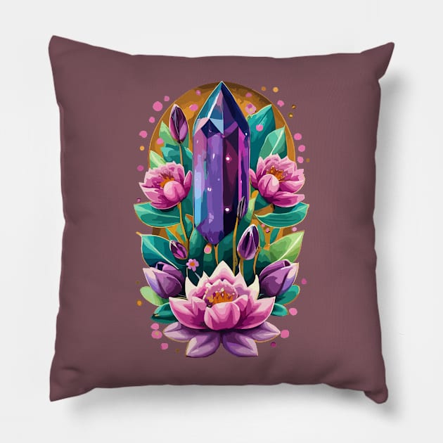 Lotus Flower and Purple Amethyst Crystal Spirituality Pillow by Kraina