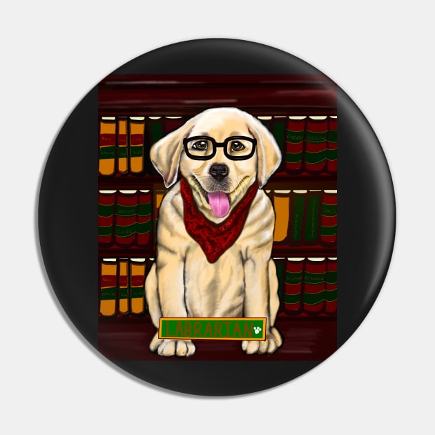 Golden Labrador “Labrarian” in library wearing glasses and red scarf cute Golden Labrador retriever puppy dog Librarian Pin by Artonmytee