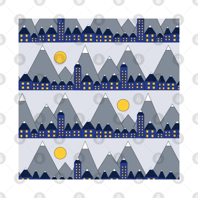 Blue houses in front of snowy mountains and the moon. Geometric shapes winter night. Blue yellow white and gray winter print. Winter village. by Sandra Hutter Designs