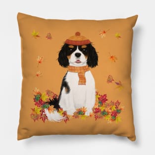 Tri Cavalier in Fall Leave, Tri Colored Cavalier King Charles Spaniel Pillow