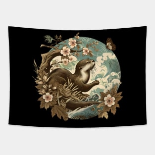 Aquatic Animal Vintage Sunset Art Floral Japanese Otter Tapestry