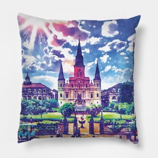 New Orleans French Quarter Colorful Watercolor Pillow