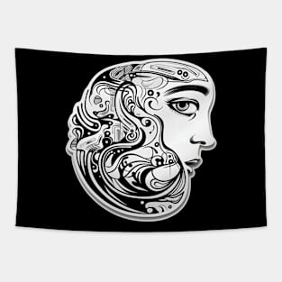 Monochromatic Surreal Woman's Profile with Abstract Elements Tapestry