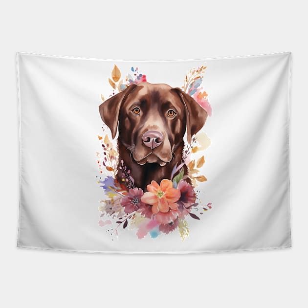 Pet Dog Portrait, Dog Owner Gift Idea, Cute Chocolate Lab Watercolor Dog Portrait Tapestry by Edit Print Go