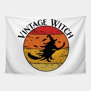 Halloween Vintage Witch on Broom Distressed Retro Sunset Tapestry