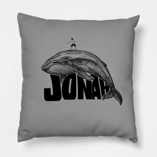 Jonah surfing a whale, funny meme black text Pillow