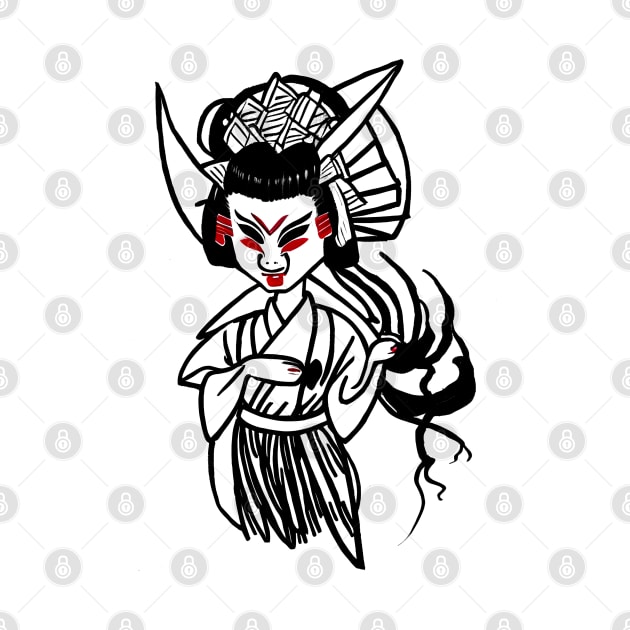 Oni geisha ink drawing - japanese demon geisha by Ravenglow