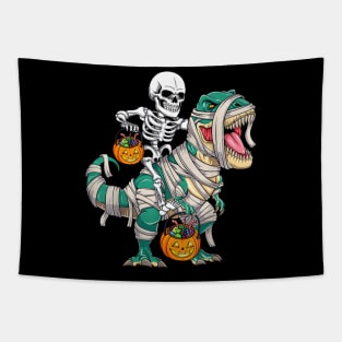 Skeleton Riding Mummy Dinosaur Funny Halloween Tapestry