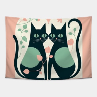 "Whimsical Cat Romance" - A vintage-style flat illustration of two cats in love with a playful feel and less saturated colors. Tapestry