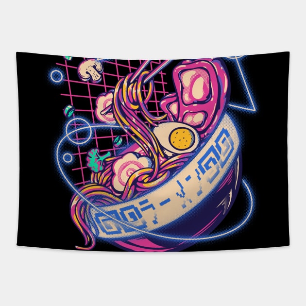 Retrowave Ramen With Geometric Blue Neon elements, Retro Ramen Cute Ramen Bowl - Kawaii ラーメン Cyberpunk Vaporwave Synthwave synth 80s 90s digital gaming style Tapestry by anycolordesigns