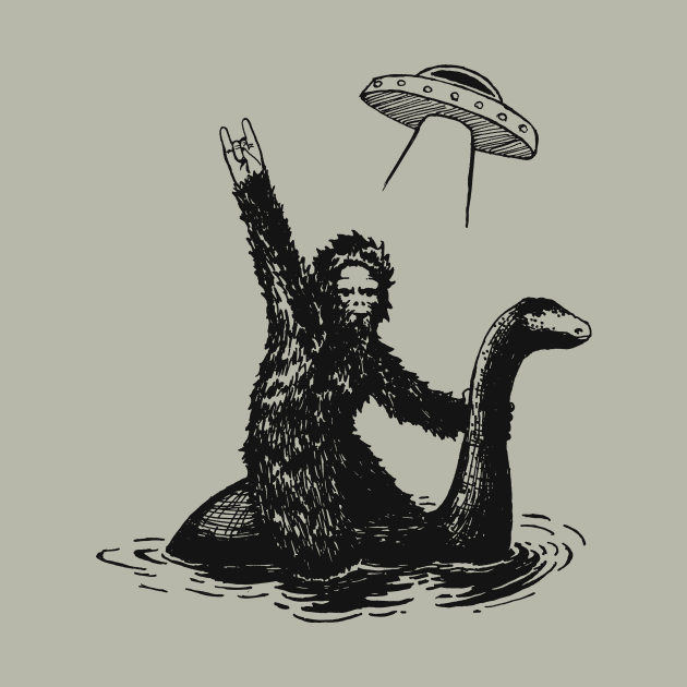 Bigfoot riding the Loch Ness monster with a UFO by DavidLoblaw