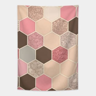 Caramel, Cocoa, Strawberry & Cream Hexagon & Doodle Pattern Tapestry