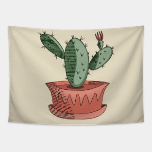 Green Cactus Succulent in Orange Pot Hand Drawn Line Art Tapestry