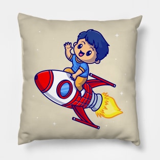 Cute Boy Riding Rocket In Space Cartoon Pillow