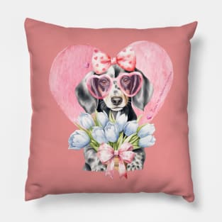 Valentine Grey Dachshund Heart and Flowers Pillow