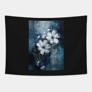 Luminous Petals: White Flowers and Blue Hues Tapestry