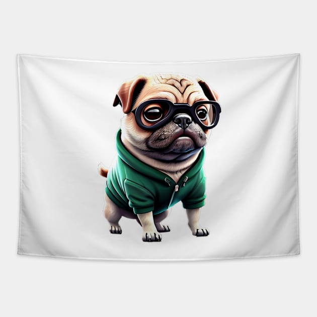 Muscular Pug Gym Trainer - Cute Pug with Green Hoodie Design Tapestry by fur-niche