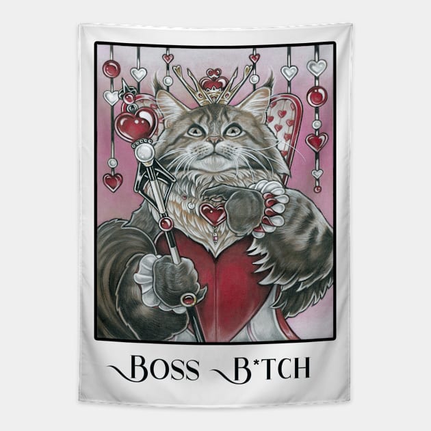 Queen of Hearts Cat - Boss B*tch - Black Outlined Version Tapestry by Nat Ewert Art
