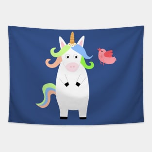 cute Unicorn with bird Cartoon Tapestry