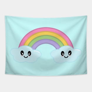 Kawaii Cute Happy Rainbow and Clouds in Blue Tapestry