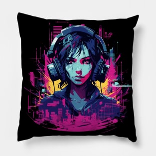 Retro Cyberpunk Woman in Headphones listening to music Pillow