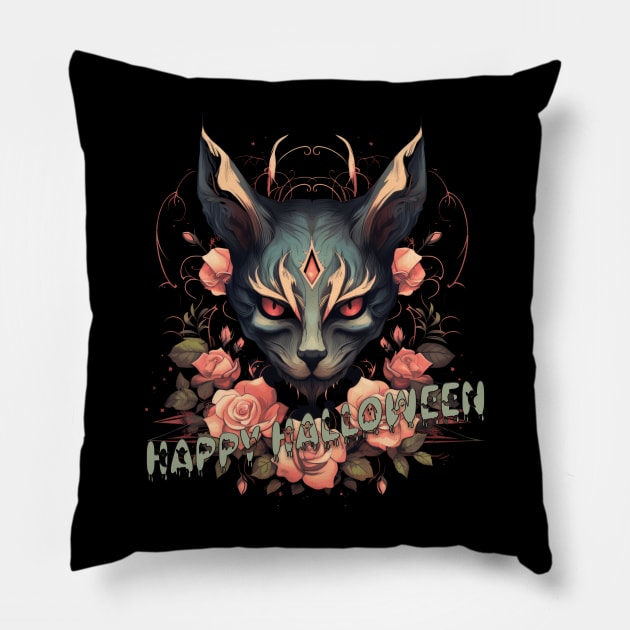 Malevolent Meow: Happy Halloween Evil Cat Design Pillow by Tiessina Designs