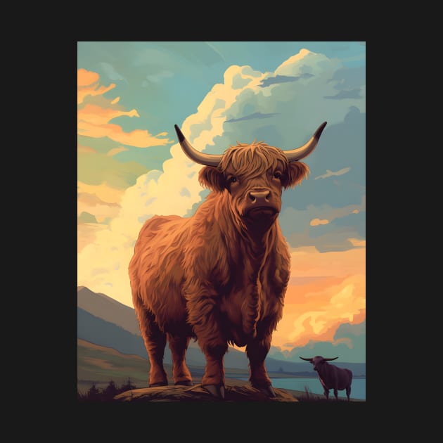 Highland Cattle Sunset Retro Art | Vintage-Inspired Landscape with Scottish Cows by The Whimsical Homestead