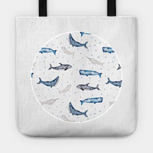 Watercolor Whales humpback, blue, orca, beluga, narwhal Tote