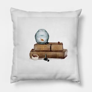 Gold Fish Leather Books Tea and Cute Mice Watercolor Pillow