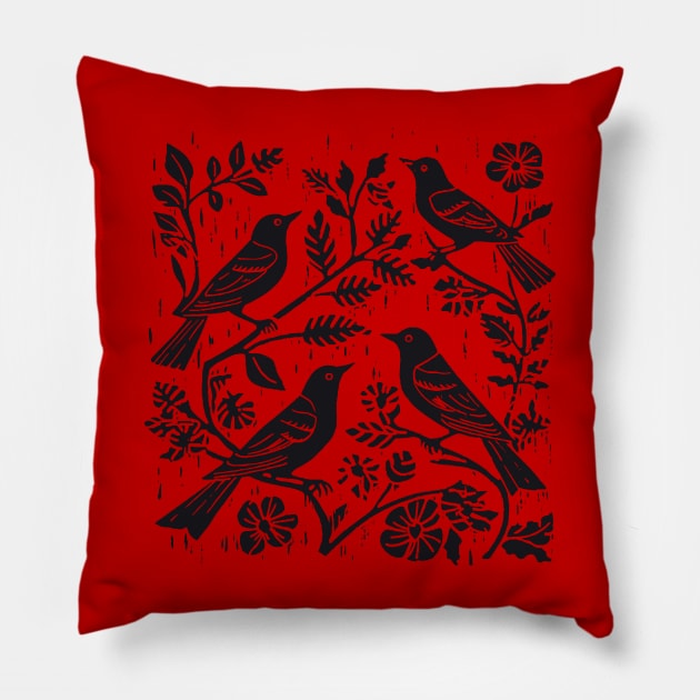 Lino Cut Birds Pillow by n23tees