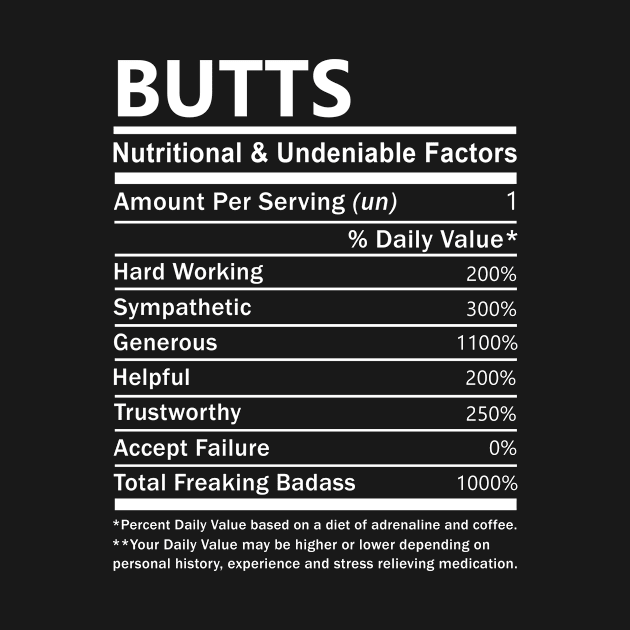 Butts Name T Shirt - Butts Nutritional and Undeniable Name Factors Gift Item Tee by nikitak4um