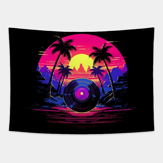 Vinyl in the Synthwave 80s eighties style Palm trees and mountains Tapestry by Snoe