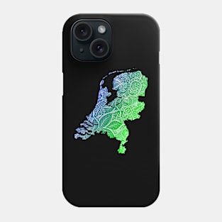 Colorful mandala art map of Netherlands with text in blue and green Phone Case