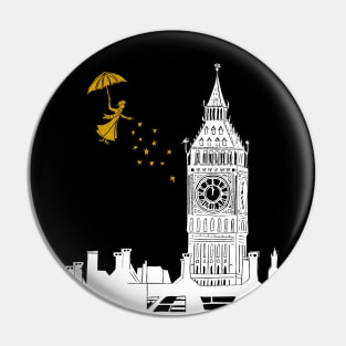 Mary Poppins and Big Ben Linocut Print in white, black and gold Pin