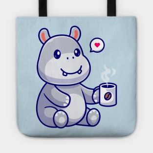 Cute Hippo Drinking Coffee Cartoon Tote