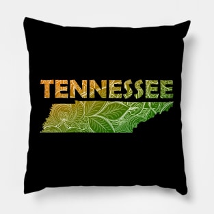 Colorful mandala art map of Tennessee with text in green and orange Pillow