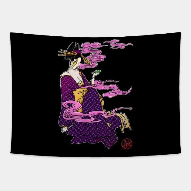 Bijinga - Smoking woman in kimono Tapestry by Ukiyograph