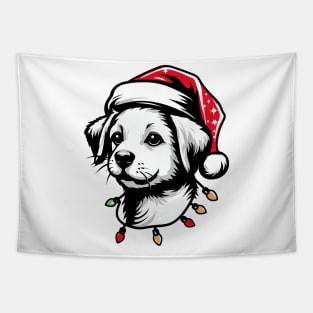 Adorable Dog Christmas Lights Santa Hat Tapestry