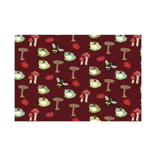 Burgundy Cottagecore Mushroom and Frog Pattern T-Shirt