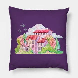 Spring Landscape Watercolor Scene Pillow