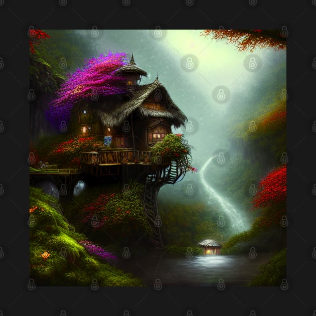 Sparkling Fantasy Cottage with Lights and Glitter Background in Forest, Scenery Nature by Promen Art