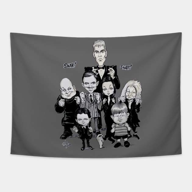 Addams Family Classic TV Show Caricature Tapestry by Jimmy’s Cartoons